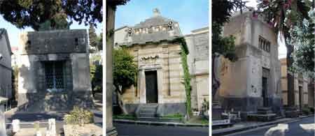 Cappelle funerarie dei primi anni del '900. Da sinistra verso destra: Cappella Fortuna (1927, arch. Fr. Fichera), Cappella Patanè (1918, arch. Fr. Fichera), Cappella Fichera (1915)