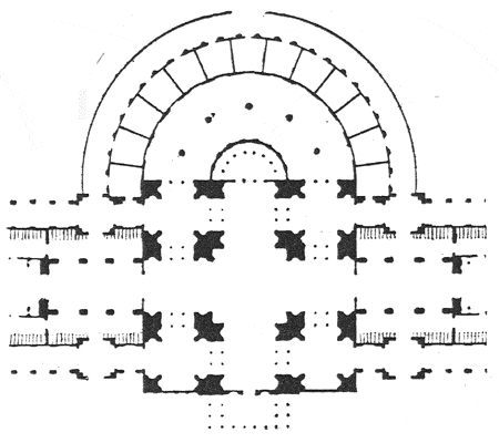 Progetto dell’arch. Leone Savoja per il Cimitero di Catania. Particolare del tempio centrale a pianta quadrata (Pantheon) su cui si innestano le ali del portico.